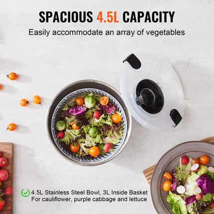 Stainless Steel Salad Spinner, 4.5L, One-handed Easy Press Large Vegetable Dryer Washer, Lettuce Cleaner and Dryer with 304 Stainless Steel Bowl, for Greens, Herbs, Berries, Fruits, No BPA.