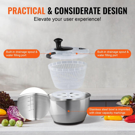 Stainless Steel Salad Spinner, 4.5L, One-handed Easy Press Large Vegetable Dryer Washer, Lettuce Cleaner and Dryer with 304 Stainless Steel Bowl, for Greens, Herbs, Berries, Fruits, No BPA.