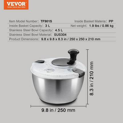 Stainless Steel Salad Spinner, 4.5L, One-handed Easy Press Large Vegetable Dryer Washer, Lettuce Cleaner and Dryer with 304 Stainless Steel Bowl, for Greens, Herbs, Berries, Fruits, No BPA.