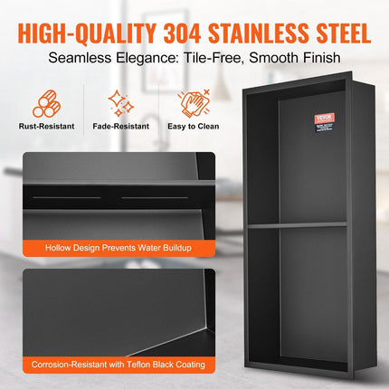 33.02 x 63.5 cm No Tile Shower Niche 304 Stainless Steel, Wall-Inserted Niche Recessed Double Shelves, Sealed Waterproof Rust-Resistant Modern Niche for Shower or Soap Storage Bathroom.