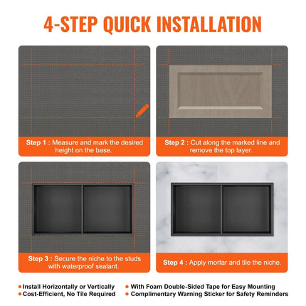 33.02 x 63.5 cm No Tile Shower Niche 304 Stainless Steel, Wall-Inserted Niche Recessed Double Shelves, Sealed Waterproof Rust-Resistant Modern Niche for Shower or Soap Storage Bathroom.