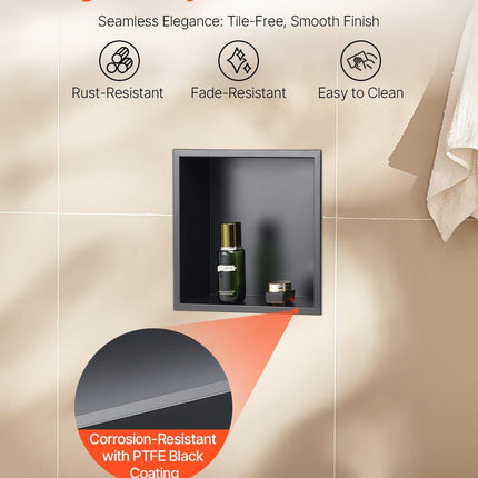 Shower Niche, 33.0 x 33.0 x 10.2 cm Recessed Wall Niche, Heavy-duty Stainless Steel Modern Soap & Shampoo Storage Organizer, Sealed Waterproof, Durable & Easy to Install, Black for Bathroom.