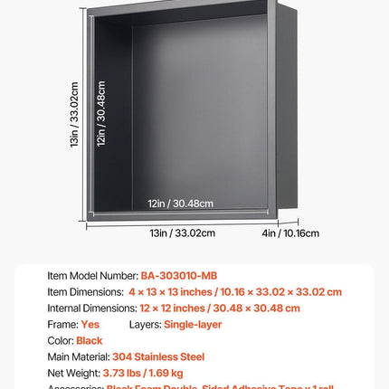 Shower Niche, 33.0 x 33.0 x 10.2 cm Recessed Wall Niche, Heavy-duty Stainless Steel Modern Soap & Shampoo Storage Organizer, Sealed Waterproof, Durable & Easy to Install, Black for Bathroom.