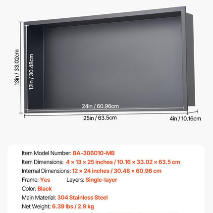 Shower Niche, 33.0 x 63.5 x 10.2 cm Recessed Wall Niche, Heavy-duty Stainless Steel Modern Soap & Shampoo Storage Organizer, Sealed Waterproof, Durable & Easy to Install, Black for Bathroom.