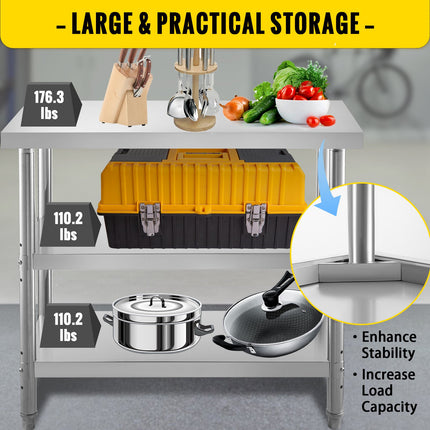 Stainless Steel Prep Table, 1520x450x855 mm Commercial Stainless Steel Table, 2 Adjustable Undershelf BBQ Prep Table, Heavy Duty Kitchen Work Table, for Garage, Home, Warehouse, Kitchen Silver.