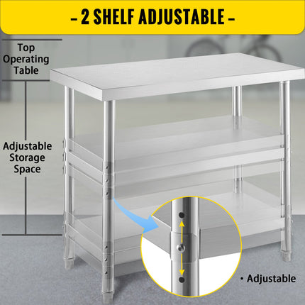 Stainless Steel Prep Table, 1520x450x855 mm Commercial Stainless Steel Table, 2 Adjustable Undershelf BBQ Prep Table, Heavy Duty Kitchen Work Table, for Garage, Home, Warehouse, Kitchen Silver.