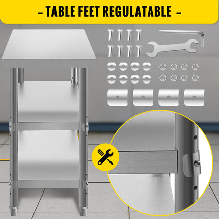 Stainless Steel Prep Table, 1520x450x855 mm Commercial Stainless Steel Table, 2 Adjustable Undershelf BBQ Prep Table, Heavy Duty Kitchen Work Table, for Garage, Home, Warehouse, Kitchen Silver.