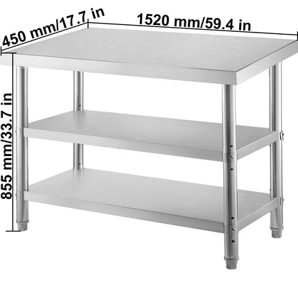 Stainless Steel Prep Table, 1520x450x855 mm Commercial Stainless Steel Table, 2 Adjustable Undershelf BBQ Prep Table, Heavy Duty Kitchen Work Table, for Garage, Home, Warehouse, Kitchen Silver.