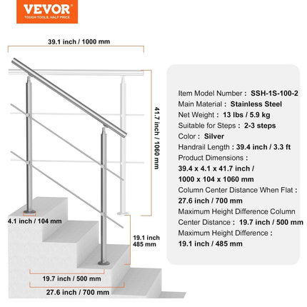 39.4in Handrails for Outdoor Steps 2 Crossbars Staircase for Porch Deck.