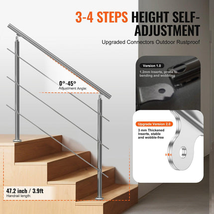 47.2in Handrails for Outdoor Steps 3 Crossbars Staircase for Porch Deck.