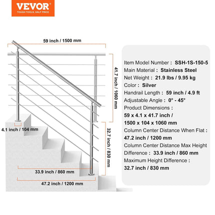 59in Handrails for Outdoor Steps 5 Crossbars Staircase for Porch Deck.