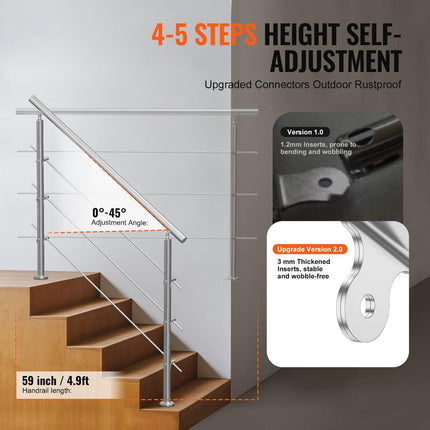 Handrails for Outdoor Steps, 59 in Length 3 Crossbars Stair Hand Rail Kit, Transitional Stainless Steel Railings w/ Installation Kit, Double-column Staircase Handrails for Seniors,Porch & Deck.