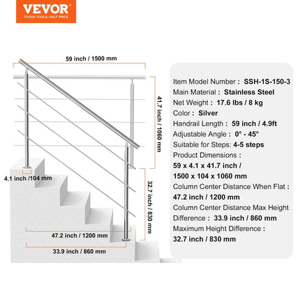 Handrails for Outdoor Steps, 59 in Length 3 Crossbars Stair Hand Rail Kit, Transitional Stainless Steel Railings w/ Installation Kit, Double-column Staircase Handrails for Seniors,Porch & Deck.
