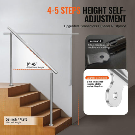 Handrails for Outdoor Steps, 59 in/ 150cm Length Stair Hand Rail Kit, Transitional Stainless Steel Railings with Installation Kit, Double-column Staircase Handrails for Seniors,Porch & Deck.