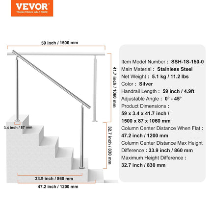 Handrails for Outdoor Steps, 59 in/ 150cm Length Stair Hand Rail Kit, Transitional Stainless Steel Railings with Installation Kit, Double-column Staircase Handrails for Seniors,Porch & Deck.