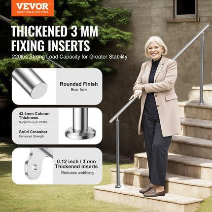 Handrails for Outdoor Steps, 70.9 in/ 180cm Length Stair Hand Rail Kit, Transitional Stainless Steel Railings with Installation Kit, Double-column Staircase Handrails for Seniors,Porch & Deck.