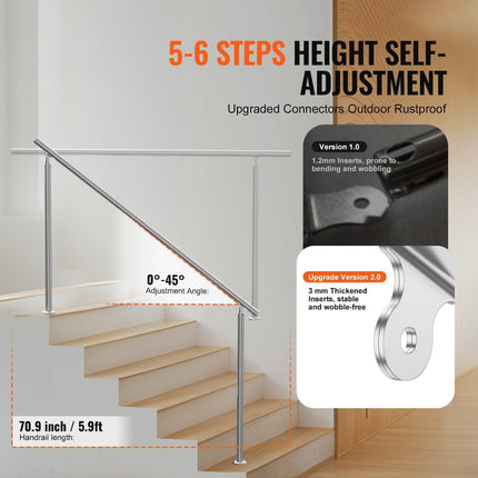 Handrails for Outdoor Steps, 70.9 in/ 180cm Length Stair Hand Rail Kit, Transitional Stainless Steel Railings with Installation Kit, Double-column Staircase Handrails for Seniors,Porch & Deck.