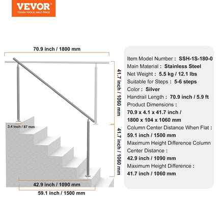 Handrails for Outdoor Steps, 70.9 in/ 180cm Length Stair Hand Rail Kit, Transitional Stainless Steel Railings with Installation Kit, Double-column Staircase Handrails for Seniors,Porch & Deck.