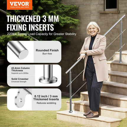 Handrails for Outdoor Steps, 70.9in Length 2 Crossbars Stair Hand Rail Kit, Transitional Stainless Steel Railings w/ Installation Kit, Double-column Staircase Handrails for Seniors,Porch & Deck.