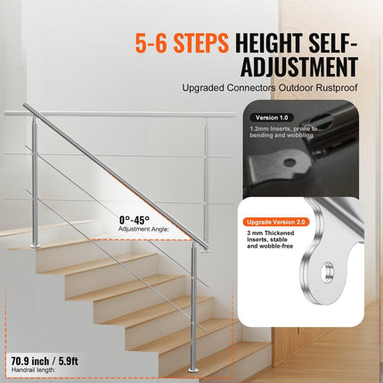 Handrails for Outdoor Steps, 70.9in Length 2 Crossbars Stair Hand Rail Kit, Transitional Stainless Steel Railings w/ Installation Kit, Double-column Staircase Handrails for Seniors,Porch & Deck.