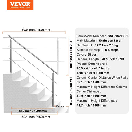 Handrails for Outdoor Steps, 70.9in Length 2 Crossbars Stair Hand Rail Kit, Transitional Stainless Steel Railings w/ Installation Kit, Double-column Staircase Handrails for Seniors,Porch & Deck.