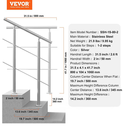 Handrails for Outdoor Steps, 31.5in Length 2 Crossbars Stair Hand Rail Kit, Transitional Stainless Steel Railings w/ Installation Kit, Double-column Staircase Handrails for Seniors,Porch & Deck.