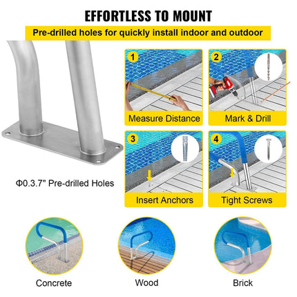 Pool Rail 30x22 Pool Railing 304 Stainless Steel 250LBS Load Capacity Silver Rustproof Pool Handrail Humanized Swimming Pool Handrail with Blue Grip Cover & M8 Drill Bit & Self-Taping Screws.
