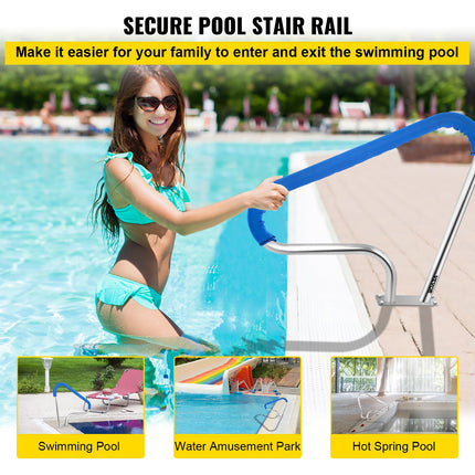 Pool Rail 39x32 Pool Railing 304 Stainless Steel 250LBS Load Capacity Silver Rustproof Pool Handrail Humanized Swimming Pool Handrail with Blue Grip Cover & M8 Drill Bit & Self-Taping Screws.