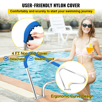 Pool Rail 39x32 Pool Railing 304 Stainless Steel 250LBS Load Capacity Silver Rustproof Pool Handrail Humanized Swimming Pool Handrail with Blue Grip Cover & M8 Drill Bit & Self-Taping Screws.