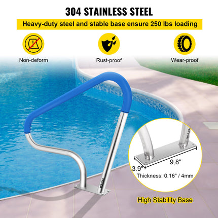 Pool Rail 39x32 Pool Railing 304 Stainless Steel 250LBS Load Capacity Silver Rustproof Pool Handrail Humanized Swimming Pool Handrail with Blue Grip Cover & M8 Drill Bit & Self-Taping Screws.