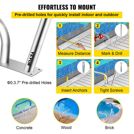 Pool Rail 39x32 Pool Railing 304 Stainless Steel 250LBS Load Capacity Silver Rustproof Pool Handrail Humanized Swimming Pool Handrail with Blue Grip Cover & M8 Drill Bit & Self-Taping Screws.