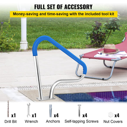 Pool Rail 39x32 Pool Railing 304 Stainless Steel 250LBS Load Capacity Silver Rustproof Pool Handrail Humanized Swimming Pool Handrail with Blue Grip Cover & M8 Drill Bit & Self-Taping Screws.