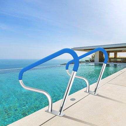 Pool Rail 39x32 Pool Railing 304 Stainless Steel 250LBS Load Capacity Silver Rustproof Pool Handrail Humanized Swimming Pool Handrail with Blue Grip Cover & M8 Drill Bit & Self-Taping Screws.