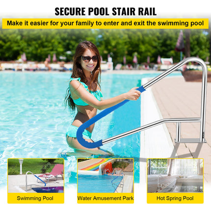 Pool Rail 54x36 Pool Railing 304 Stainless Steel 250LBS Load Capacity Silver Rustproof Pool Handrail Humanized Swimming Pool Handrail with Blue Grip Cover & M8 Drill Bit & Self-Taping Screws.