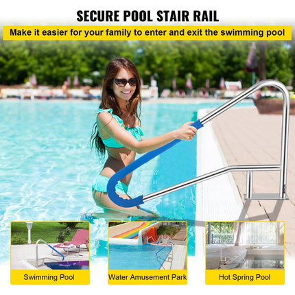 Pool Rail 55x32 Pool Railing 304 Stainless Steel 250LBS Load Capacity Silver Rustproof Pool Handrail Humanized Swimming Pool Handrail with Blue Grip Cover & M8 Drill Bit & Self-Taping Screws.