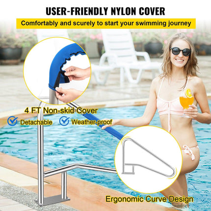 Pool Rail 55x32 Pool Railing 304 Stainless Steel 250LBS Load Capacity Silver Rustproof Pool Handrail Humanized Swimming Pool Handrail with Blue Grip Cover & M8 Drill Bit & Self-Taping Screws.