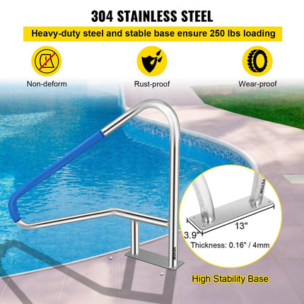 Pool Rail 55x32 Pool Railing 304 Stainless Steel 250LBS Load Capacity Silver Rustproof Pool Handrail Humanized Swimming Pool Handrail with Blue Grip Cover & M8 Drill Bit & Self-Taping Screws.