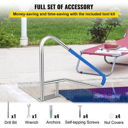Pool Rail 55x32 Pool Railing 304 Stainless Steel 250LBS Load Capacity Silver Rustproof Pool Handrail Humanized Swimming Pool Handrail with Blue Grip Cover & M8 Drill Bit & Self-Taping Screws.