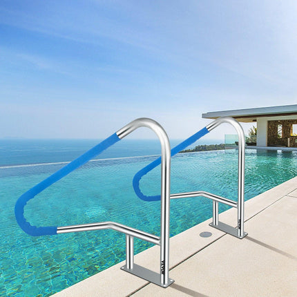 Pool Rail 55x32 Pool Railing 304 Stainless Steel 250LBS Load Capacity Silver Rustproof Pool Handrail Humanized Swimming Pool Handrail with Blue Grip Cover & M8 Drill Bit & Self-Taping Screws.