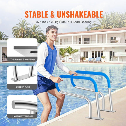 Pool Handrail, 32 x 23 inch Pool Railing, Stainless Steel with Base Plate for Indoor/Outdoor Pools,Swimming Pool Safety Railing for Decks,Rust-Proof Grab Bar w/ Grip Cover&Accessories for Spas.