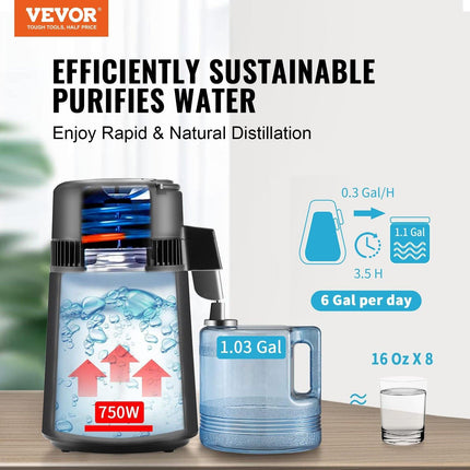 Water Distiller, 4L 1.05 Gallon Pure Water Purifier Filter For Home Countertop, 750W Distilled Water Maker, Stainless Steel Interior Distiller Water Making Machine to Make Clean Water, Black.