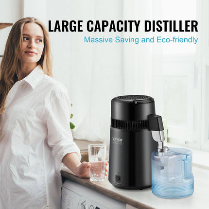 Water Distiller, 4L 1.05 Gallon Pure Water Purifier Filter For Home Countertop, 750W Distilled Water Maker, Stainless Steel Interior Distiller Water Making Machine to Make Clean Water, Black.