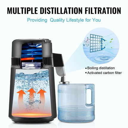 Water Distiller, 4L 1.05 Gallon Pure Water Purifier Filter For Home Countertop, 750W Distilled Water Maker, Stainless Steel Interior Distiller Water Making Machine to Make Clean Water, Black.