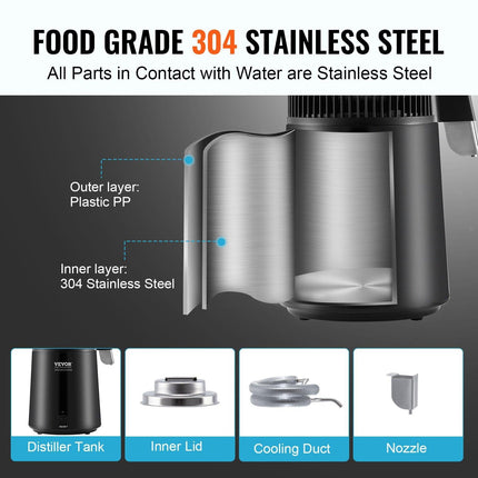 Water Distiller, 4L 1.05 Gallon Pure Water Purifier Filter For Home Countertop, 750W Distilled Water Maker, Stainless Steel Interior Distiller Water Making Machine to Make Clean Water, Black.