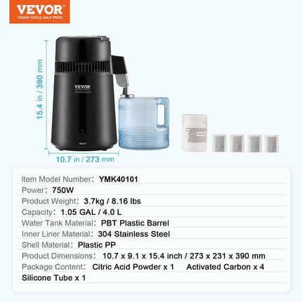 Water Distiller, 4L 1.05 Gallon Pure Water Purifier Filter For Home Countertop, 750W Distilled Water Maker, Stainless Steel Interior Distiller Water Making Machine to Make Clean Water, Black.