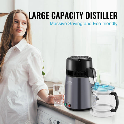 Water Distiller, 4L 1.05 Gallon Pure Water Purifier Filter For Home Countertop, 750W Distilled Water Maker, Stainless Steel Interior Distiller Water Making Machine to Make Clean Water, Gray.