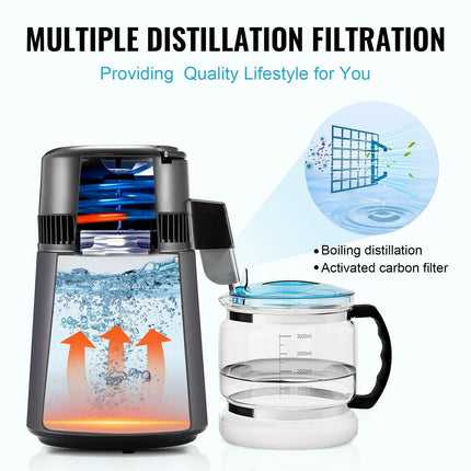 Water Distiller, 4L 1.05 Gallon Pure Water Purifier Filter For Home Countertop, 750W Distilled Water Maker, Stainless Steel Interior Distiller Water Making Machine to Make Clean Water, Gray.