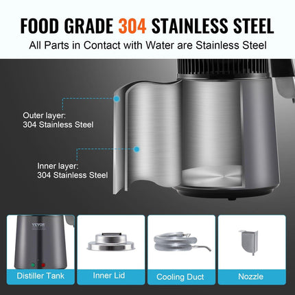 Water Distiller, 4L 1.05 Gallon Pure Water Purifier Filter For Home Countertop, 750W Distilled Water Maker, Stainless Steel Interior Distiller Water Making Machine to Make Clean Water, Gray.