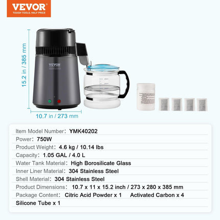 Water Distiller, 4L 1.05 Gallon Pure Water Purifier Filter For Home Countertop, 750W Distilled Water Maker, Stainless Steel Interior Distiller Water Making Machine to Make Clean Water, Gray.