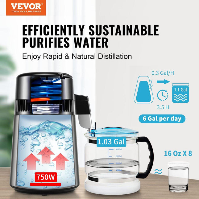 Water Distiller, 4L 1.05 Gallon Pure Water Purifier Filter For Home Countertop, 750W Distilled Water Maker, Stainless Steel Interior Distiller Water Making Machine to Make Clean Water, Silvery.